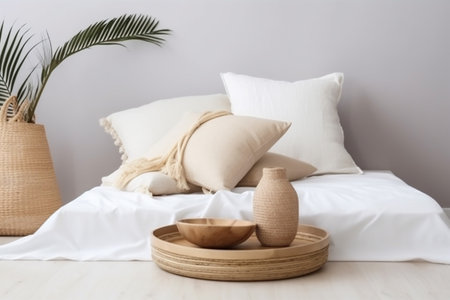 rattan home table interior palm tray design wood furniture modern bed. Generative AI.の素材