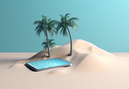sea holiday mock palm up summer sand phone cyber concept creative. Generative AI.の素材