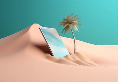 creative sand concept holiday summer sea palm mock phone cyber up. Generative AI.の素材