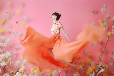 spring woman beauty peony fashion abstract flying flower art falling colorful. Generative AI.の素材