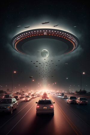 UFO night flying saucer in the dark sky over the road with cars, contact with aliens, another civilization, cover illustration. Generative AI.の素材