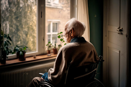 An elderly man sits in a wheelchair in a nursing home and looks out the window at nature, breathes fresh air, loneliness. Generative AI.の素材
