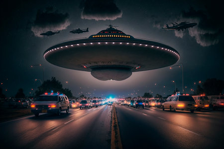 UFO night flying saucer in the dark sky over the road with cars, contact with aliens, another civilization, cover illustration. Generative AI.の素材