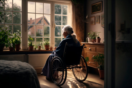 An elderly woman sits in a wheelchair in a nursing home and looks out the window at nature, breathes fresh air, loneliness. Generative AI.の素材