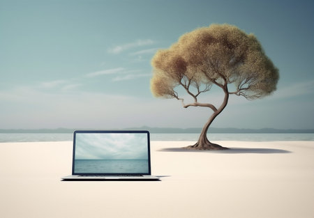 computer summer tropical beach concept palm tree laptop vacation travel. Generative AI.の素材