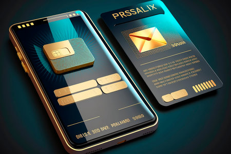 Online banking, login, protection, Smart Wallet concept with credit and debit card payment application. Gadget of the future, smartphone payment technology. security, cyberspace. Generative AI.の素材