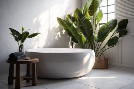 interior clean white bathroom leaf sink product design home green tropical. Generative AI.の素材