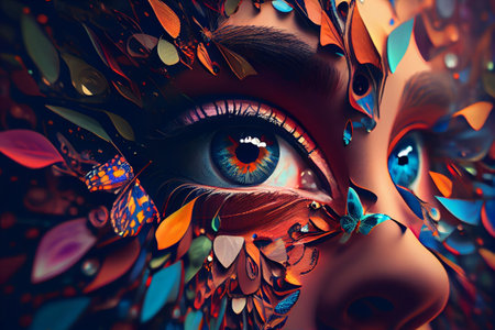 Color art eye makeup creative closeup with butterflies, bright colors, stylish concept, beauty. Generative AIの素材