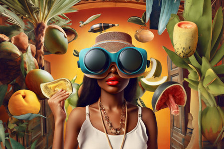 woman female travel virtual technology reality digital vr future glasses abstract. Generative AI.の素材