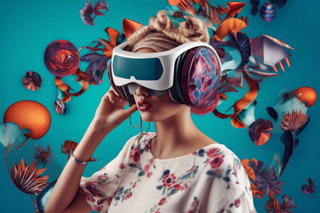 summer woman abstract travel technology vr virtual glasses future digital reality. Generative AI.の素材