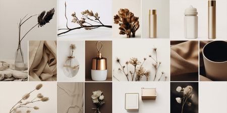 Nature collage space copy wedding perfume bouquet romantic flower art set vintage bottleの素材