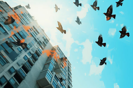 Birds outdoors flying blue city sky building flock wildlife flight background groupの素材