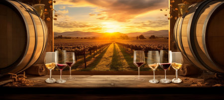 bottle sunset alcohol barrel beverage drink grape wine winery glass. Generative AI.の素材