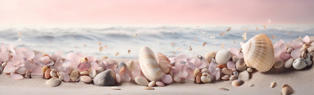 shell tropical sea holiday summer nature beach banner sand ocean. Generative AI.の素材