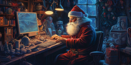 communication laptop christmas home family santa happy character house holiday. Generative AI.の素材