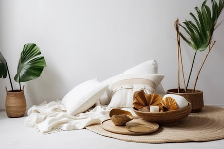 interior vase rattan design bed table tray palm modern home furniture. Generative AI.の素材