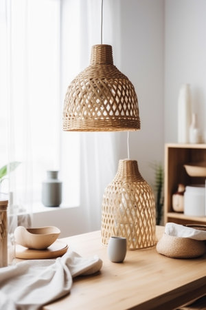 beige room dining furniture table kitchen rattan lamp style decor. Generative AI.の素材