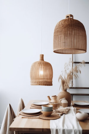 rattan style decor dining lamp furniture beige table room kitchen. Generative AI.の素材