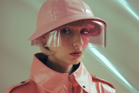 woman hat latex creative background art colourful glasses portrait fashion stylish beauty. Generative AI.の素材