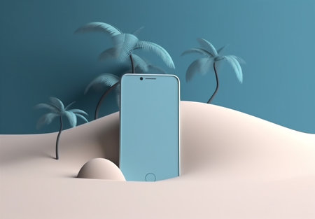 palm concept phone up summer mock sand holiday sea cyber creative. Generative AI.の素材