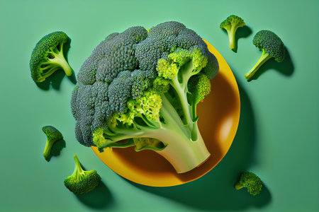 Fresh green broccoli vegetable close-up on green background, vegan healthy diet food for health, healthy lifestyle. Generative AIの素材