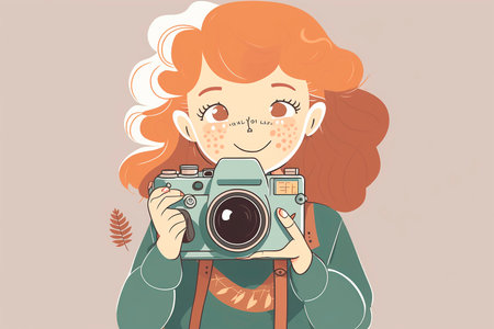 The concept of a professional photographer and equipment. A young smiling female photographer cartoon character in casual clothes stands with a camera, taking a picture. Generative AI.の素材