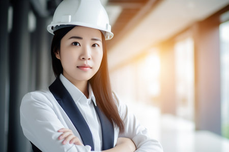 young woman smile asian business job industrial engineer helmet portrait industry. Generative AI.の素材