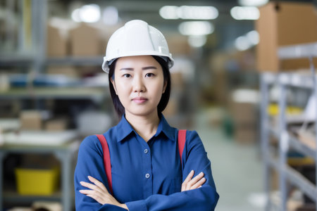 woman helmet industry smile industrial job portrait asian business builder engineer. Generative AI.の素材