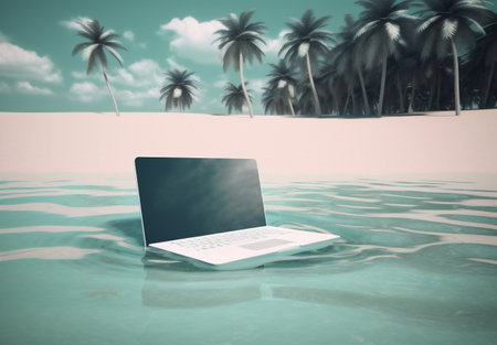 beach palm summer tropical vacation concept laptop computer travel tree. Generative AI.の素材