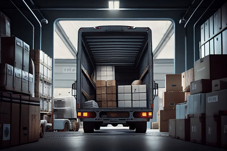 Truck for transportation stands in a warehouse with boxes and shelves, loading goods. Generative AIの素材