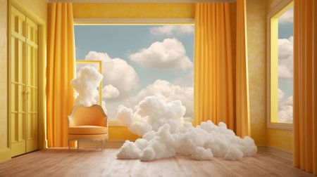 cylinder minimal cloud door abstract stage room pedestal showcase yellow. Generative AI.の素材