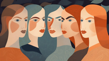 woman adult feminism group social together diversity face young female girl. Generative AI.の素材