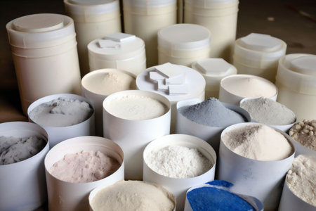 production manufacturing chemical industry product white powder ingredient factory industrial. Generative AI.の素材