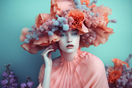 woman beauty bouquet art flower summer posing fashion peony spring portrait. Generative AI.の素材