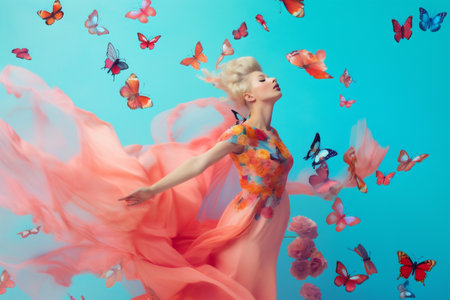 woman falling colorful peony flying spring art beauty fashion artwork flower. Generative AI.の素材