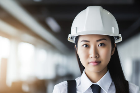 woman engineer portrait job helmet smile business asian industrial industry builder. Generative AI.の素材