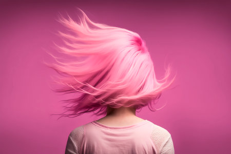 Woman with flying pink hair on a pink background view from the back, stylish fashion and beauty concept, arched hair. Generative AI.の素材