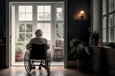 An elderly man sits in a wheelchair in a nursing home and looks out the window at nature, breathes fresh air, loneliness. Generative AI.の素材