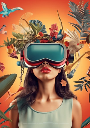 woman reality tech virtual travel abstract digital technology future glasses vr. Generative AI.の素材