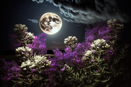 Fabulous purple flowers on the field in the moonlight in the clouds, glowing magical fern flowers, flowers, moon, lilac, night, fairy tale. Generative AI.の素材
