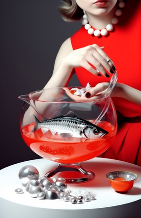 woman make-up pearl art fish color retro pretty model vintage fashion. Generative AI.の素材