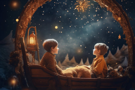 moon magic year winter night child holiday christmas claus snow. Generative AI.の素材