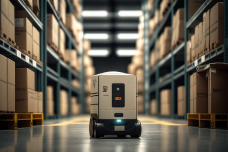 Robot delivery man in the warehouse with boxes, technology to simplify life and quality, sort parcels and valuable goods, inventory. Generative AIの素材