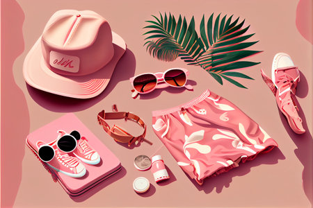 Tourist clothing and accessories hat glasses on pink flat lay background, top view, summer travel and holidays. Generative AIの素材