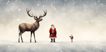 santa claus vintage christmas illustration sleigh snow greeting card reindeer. Generative AI.の素材