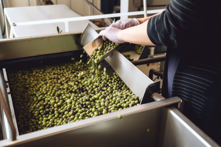 factory production olive machinery oil organic agriculture process food green. Generative AI.の素材