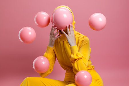 woman creative latex colourful art hat beauty stylish glasses portrait fashion. Generative AI.の素材