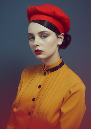 woman latex head hat beauty creative glasses fashion portrait art colourful. Generative AI.の素材