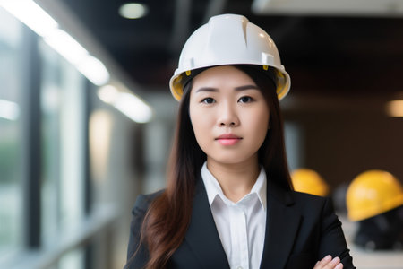 engineer woman professional industry industrial asian helmet business portrait job smile. Generative AI.の素材