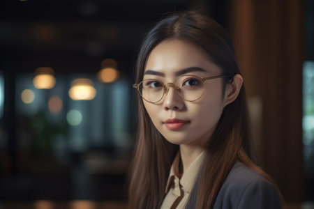 happy woman office copy confident asian job corporate space business businesswoman portrait. Generative AI.の素材